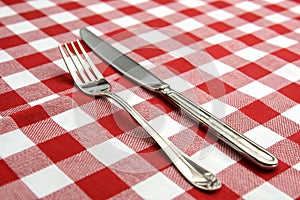 Tableknife and fork on red checked tablecloth