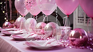 Tables with accessories for a bachelorette party against the background of a festive decor