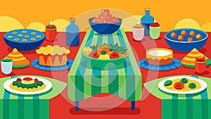 Tables adorned with colorful tablecloths and an array of dishes representing the diverse backgrounds of the community photo