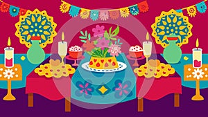 Tables adorned with intricate papel picado centerpieces and vibrant ses as tablecloths.. Vector illustration. photo