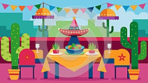 Tables are adorned with vibrant tablecloths papel picado banners and centerpieces of cacti and sombreros adding to the photo