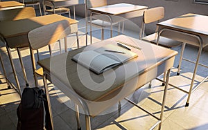 Tables and chairs in the classroom with notebook,pencil and ruler.
