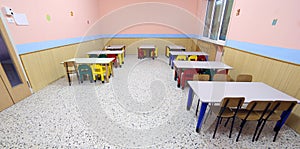 Tables and chairs in the dining room of the nursery canteen