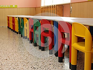 Tables and chairs in the refectory of the school canteen in a nu