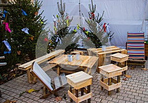 Tables and chairs from the remains of a tree