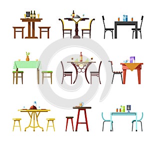 Tables and chairs vector icons of restaurant, cafe or bistro served with food and drinks dishware
