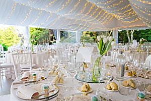 Tables decorated for wedding reception outdoor