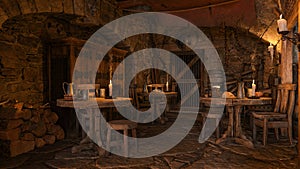 Tables lit by candles in a dark corner of an old medieval fantasy inn. 3D illustration