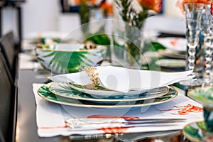 Tables set for an event party. Luxury elegant table setting dinner in a restaurant. Empty glasses set in restaurant