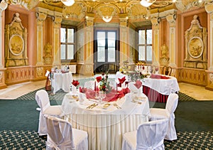 Tables set for a festive dinner