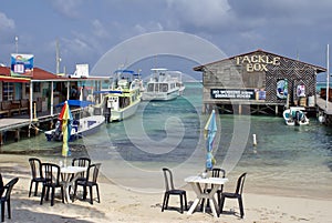 Tables with umbrellas on the beach on Ambergris Key