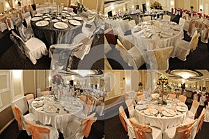 Tables in a wedding ballroom, multicam, screen split in four parts