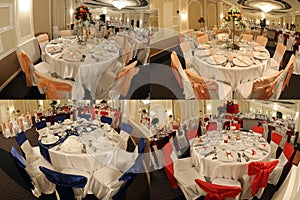 Tables in a wedding ballroom, multicam, screen split in four parts