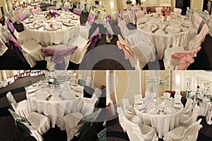 Tables in a wedding ballroom, multicam, screen split in four parts