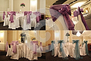 Tables in a wedding ballroom, multicam, screen split in four parts