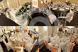 Tables in a wedding ballroom, multicam, screen split in four parts, grid 2x2