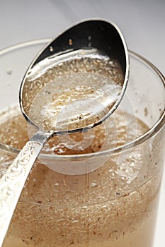 A tablespoon of hydrated psylium husk superfood, source of soluble fiber