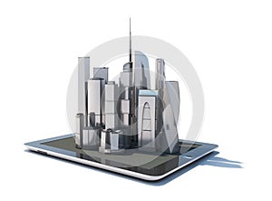 Tablet with 3d city streetmap of office blocks