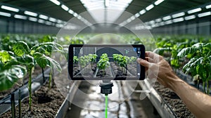 Tablet analyzing plants in greenhouse photo