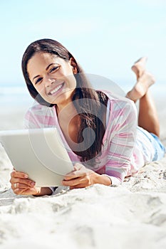 Tablet beach woman