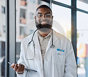 Tablet, black man and portrait of doctor for healthcare services, telehealth analysis or hospital network. Young medical