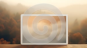 A tablet with a blank screen is on the table. AI generate