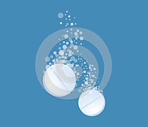 Tablet with bubbles. Effervescent dissolving aspirin pill in fizzy water. Vitamin drug with bubbles. Pharmacy dissolve