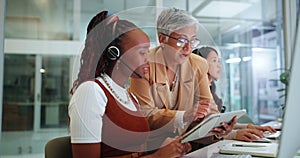 Tablet, call center and woman with manager for customer service, training and help on computer. Technology