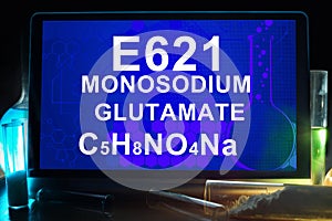 Tablet with chemical formula of e621 monosodium glutamate .