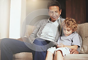 Tablet, child or grandfather streaming movie or film on online subscription in retirement at home to relax. Bond