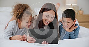 Tablet, children and mother on bed with love, happy or streaming cartoon, show or game at home. Digital, app or mom and