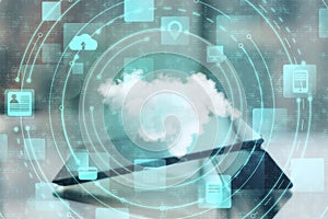 Tablet with cloud computing diagram