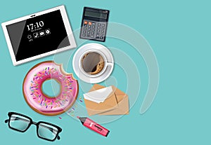 Tablet, coffee cup and donut Vector realistic. Product placement mock up. Office desk top view 3d illustrations