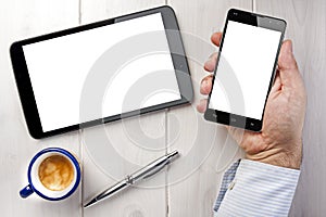 Tablet Coffee Smartphone Businessman Hand Ballpoint photo