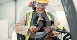 Tablet, communication and forklift with woman in warehouse for engineering, social media and networking. Architecture