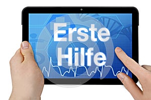 Tablet computer with the german word for first aid - erste Hilfe photo