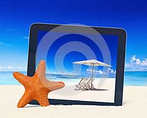 Tablet computer idyllic beach image Concept