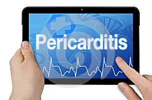 Tablet computer with medical device with pericarditis isolated on white background photo