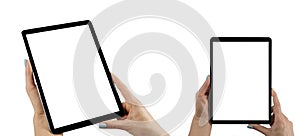 Tablet computer mockup in woman hand isolated on white background. Tablet laptop mockup with blank white screen. Empty space for t