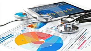 a tablet computer sitting on top of a desk next to a stethoscope