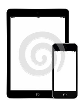 Tablet computer and smart phone in portrait orientation mockup