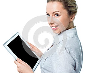 Tablet computer. Woman using digital tablet computer PC happy isolated on white background