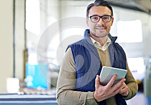 Tablet, delivery and portrait of man in factory for manufacturing, networking and inventory. Distribution, industrial