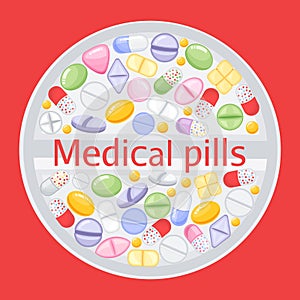 Tablet design of different colorful pills.Medicine painkiller pills, pharmaceutical antibiotics drugs vector.