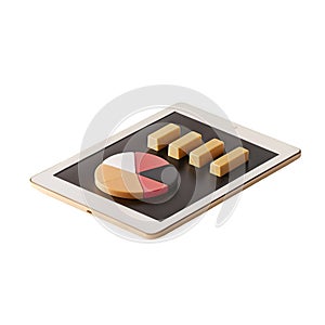Tablet with Pie Chart and Bar Graph Data Visualization