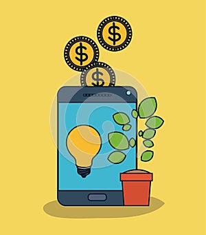 Tablet device with light bulb in screen and plant pot and coins in yellow background