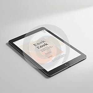 A tablet device lying flat on a white surface displays an e-book cover titled 
