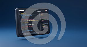 Abstract 3D Terminal Window with Code on Dark Blue Background