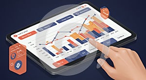 A tablet displaying a colorful line and bar graph with various data points. The chart