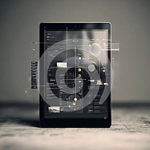 Tablet displaying complex data visualization with overlay graphics